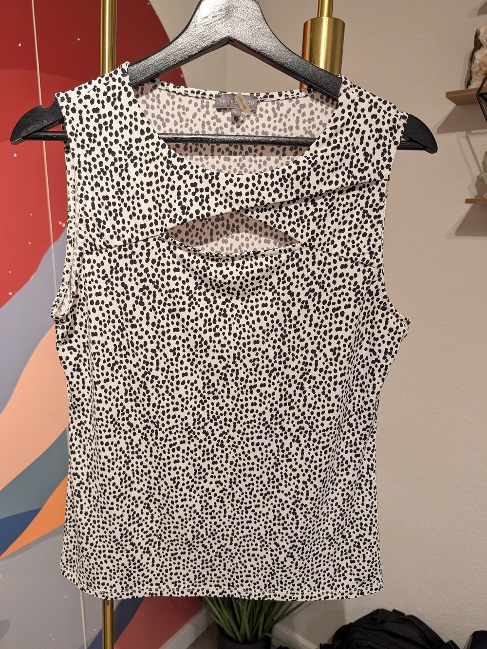 Vince Black and White Dot Sleeveless Tank with Front Cutout